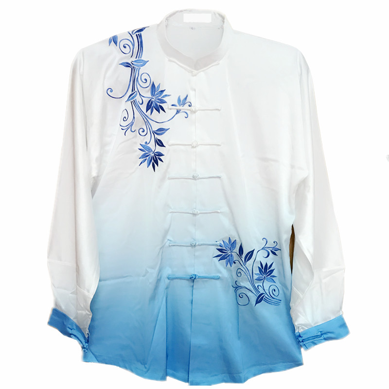 金鹤武术新款弹力真丝丝绸过渡渐变变色刺绣太极服