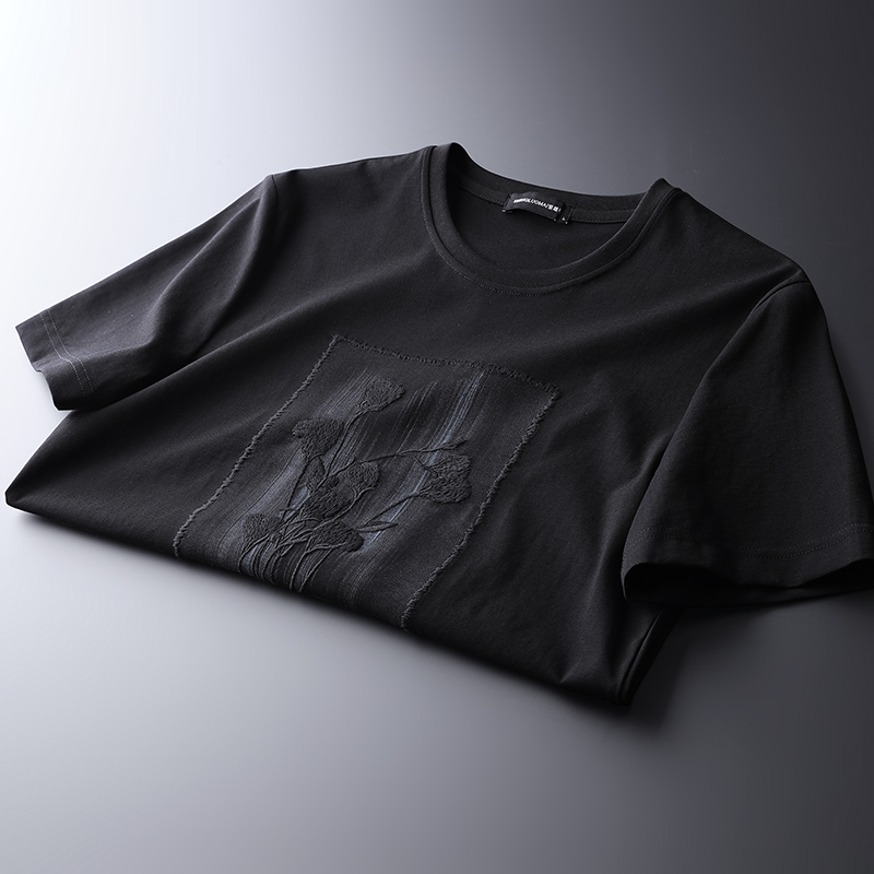 古鼎原创 男士短袖t恤夏季重磅圆领潮流休闲弹力修身重工刺绣体恤