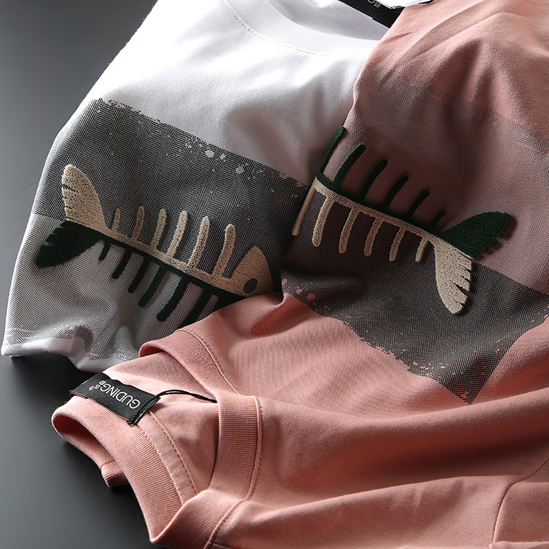 古鼎原创 每周限定款 丝光天丝麻 夏季创意刺绣鱼骨大码短袖T恤男