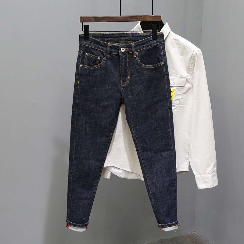 2021年春秋季新款男士牛仔裤潮牌直筒复古修身小脚潮流九分长裤子