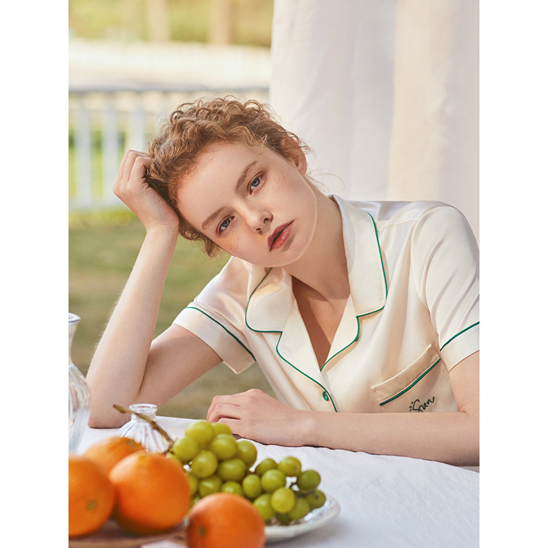 睡衣nita妮塔真丝短裤100桑蚕蚕丝撞色刺绣睡衣