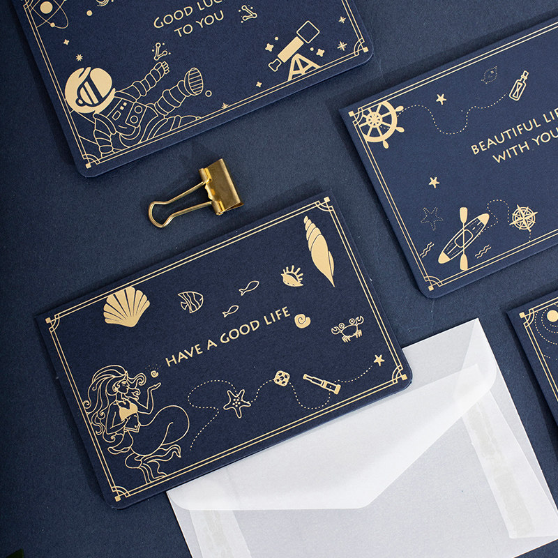 文艺贺卡蓝色星空烫金diy创意明信片小卡卡片留言贺卡