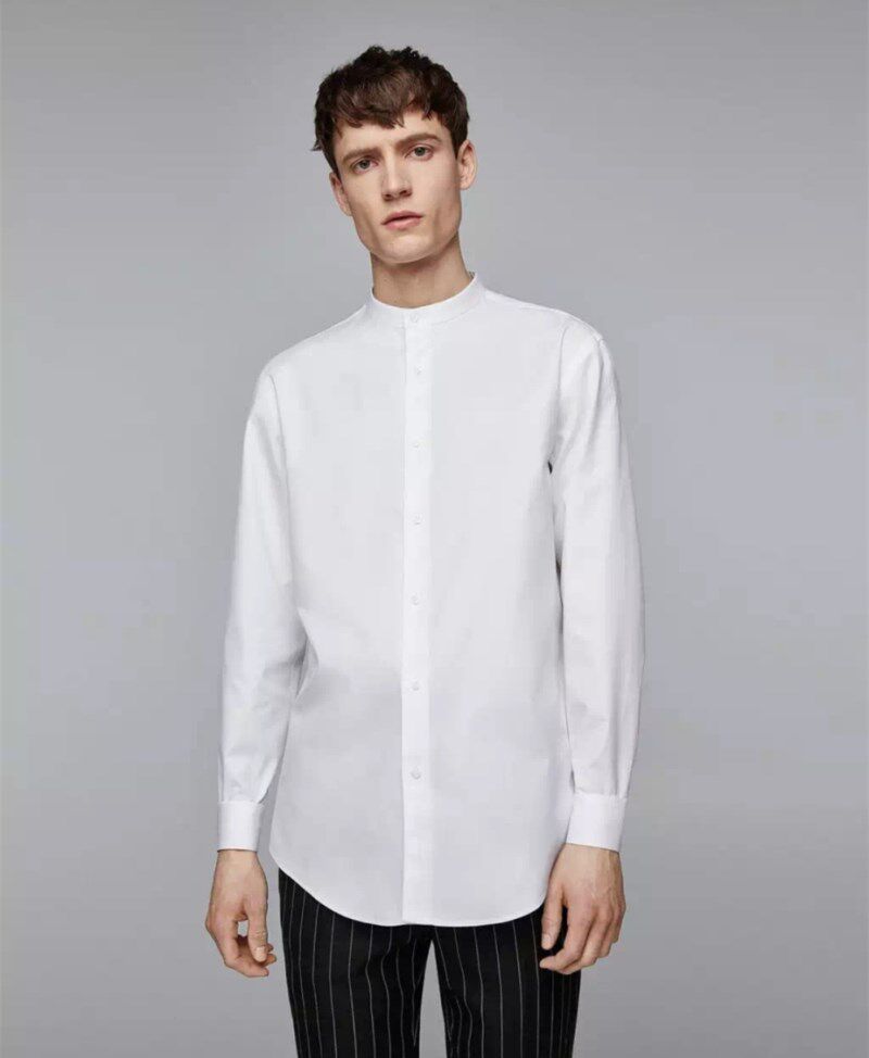 四季欧美男士修身立领长袖衬衫英伦街白色纯棉衬衫
