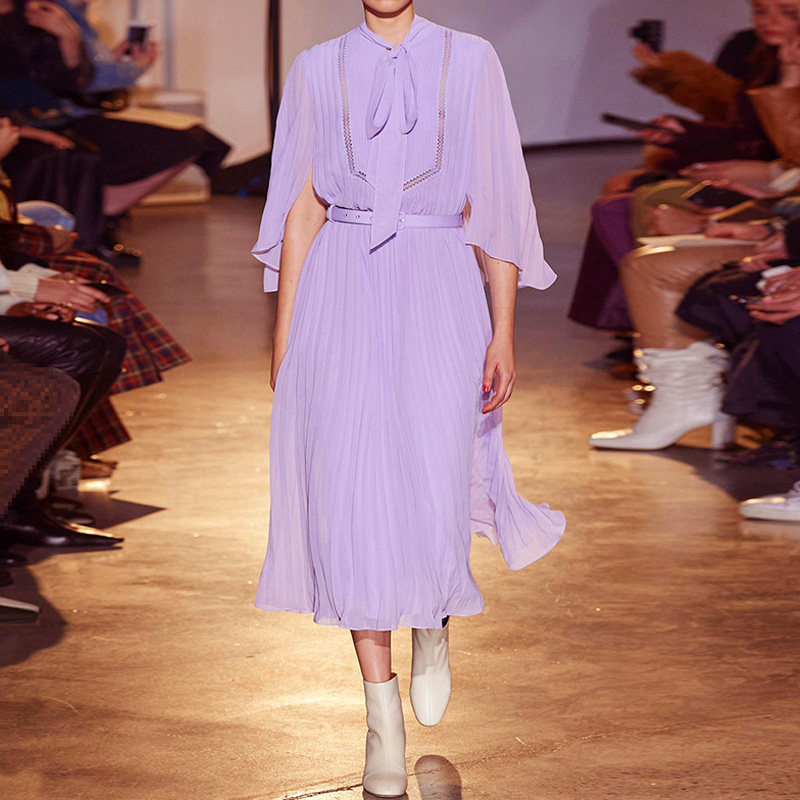 2021新款法式仙女礼服名媛紫色飘带荷叶袖系连衣裙