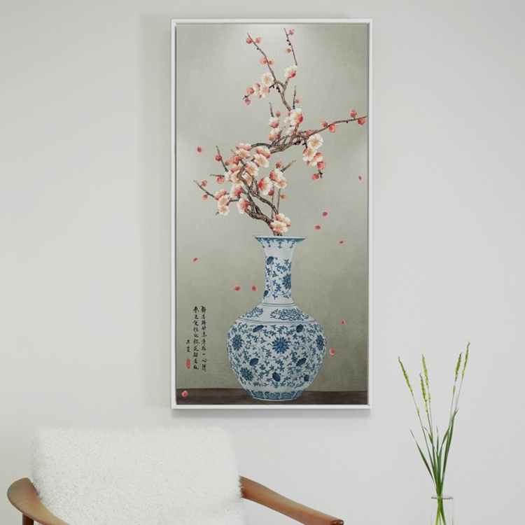 新中式水墨画轻奢背景竖版瓷画国画花瓶走廊玄关现代