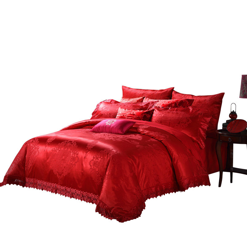 梦洁家纺婚庆四件套提花镶钻大红色床单被套结婚床上用品囍临门