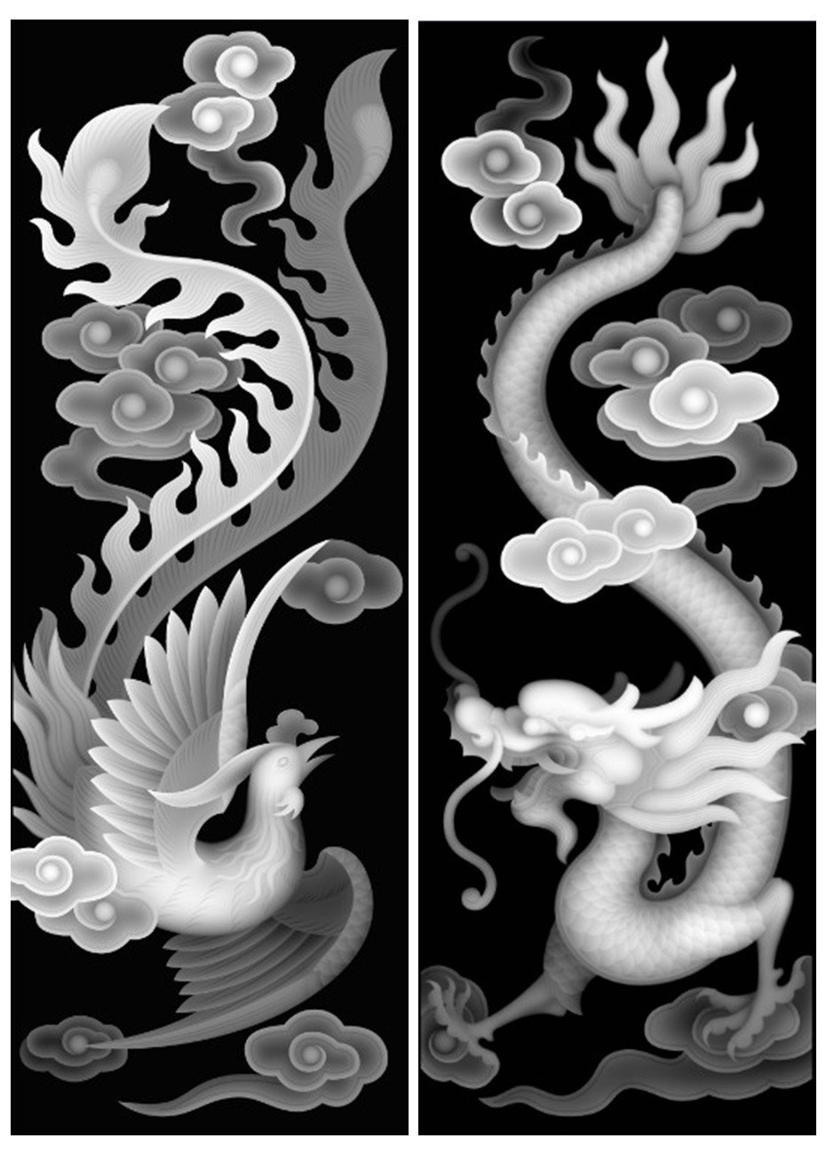 a1460祥云龙凤一对浮雕精雕jdp灰度bmp格式设计素材