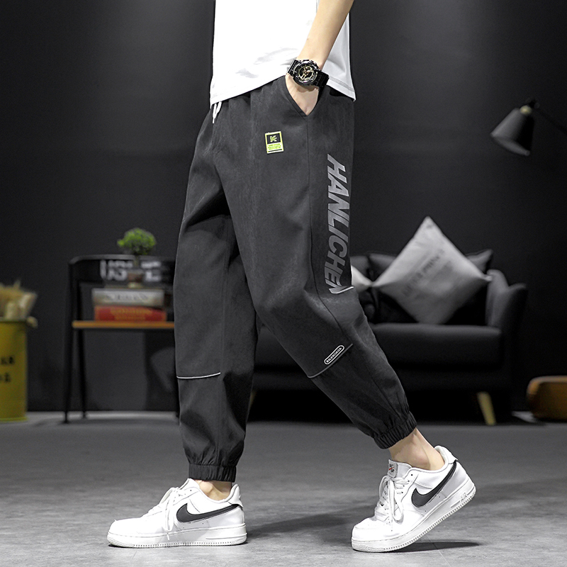 黑色潮牌裤子男韩版潮流宽松束脚百搭秋春季运动工装九分休闲长裤