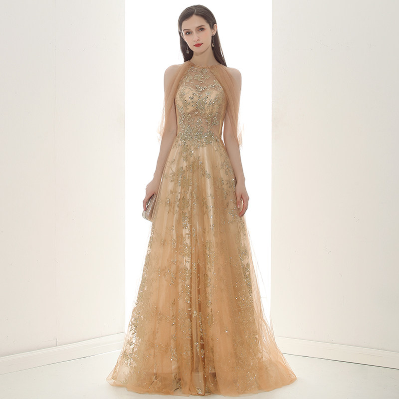 金色奢华晚礼服2020新款宴会气质高贵长款主持人礼服