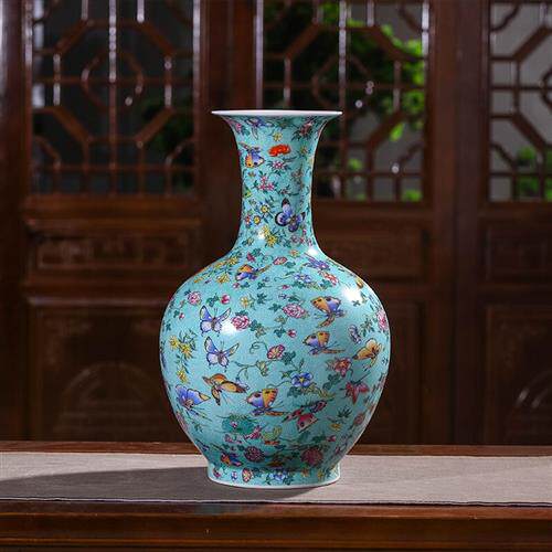 示优景德镇陶瓷瓷瓶摆件客厅手工仿古花瓶蓝地中国结