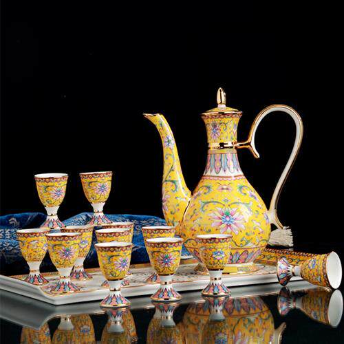 景德镇珐琅酒具套装家用中式仿古酒器白酒酒杯干花