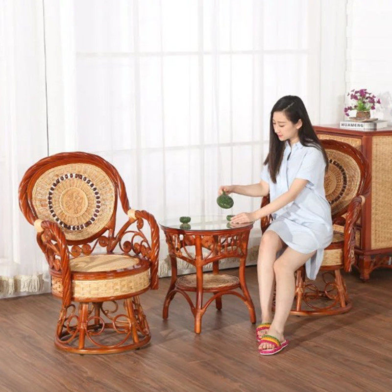靠背藤椅真藤藤编腾椅人高三件单人高家用组合和室椅