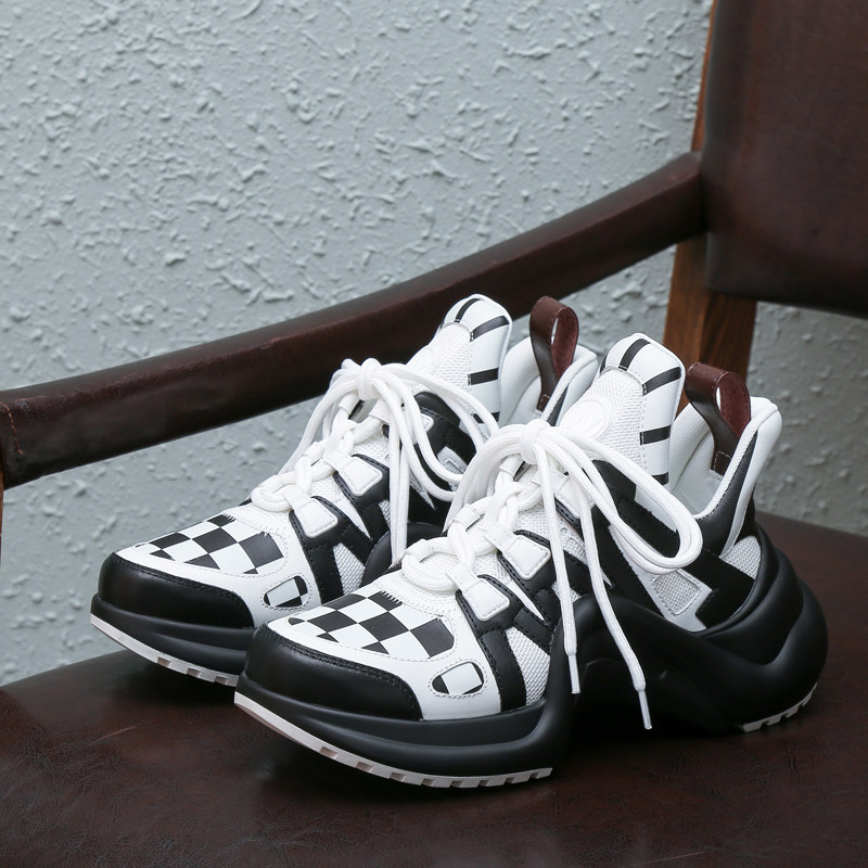 摩登女郎2021老爹黑白格子弓形厚底单鞋