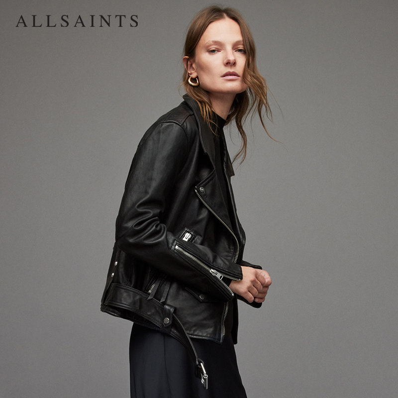 allsaints女士皮衣夹克luna2022小羊皮黑色短款机车外套皮衣