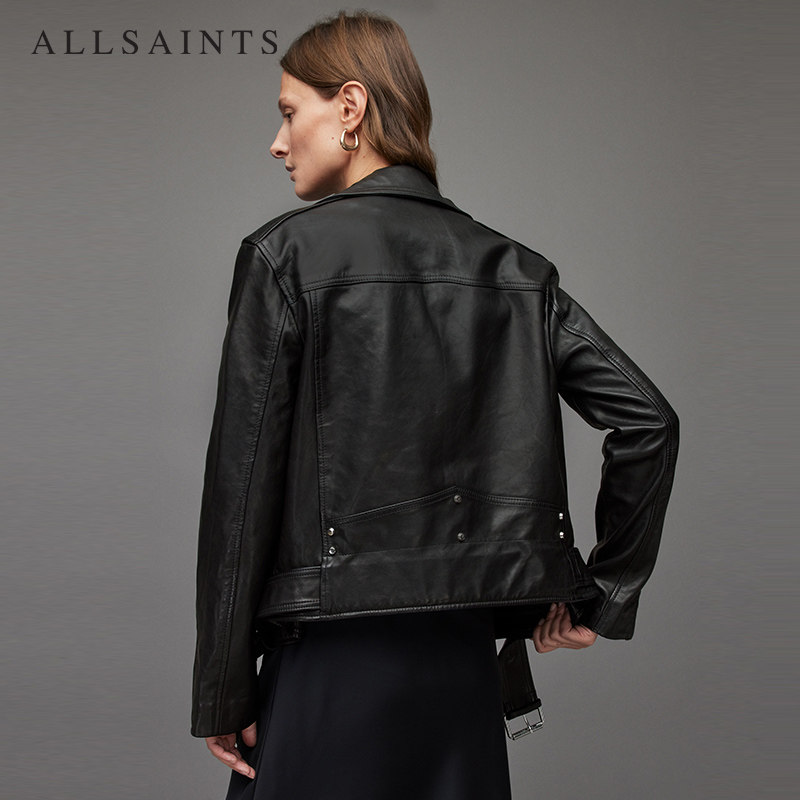 allsaints女士皮衣夹克luna2022小羊皮黑色短款机车外套皮衣