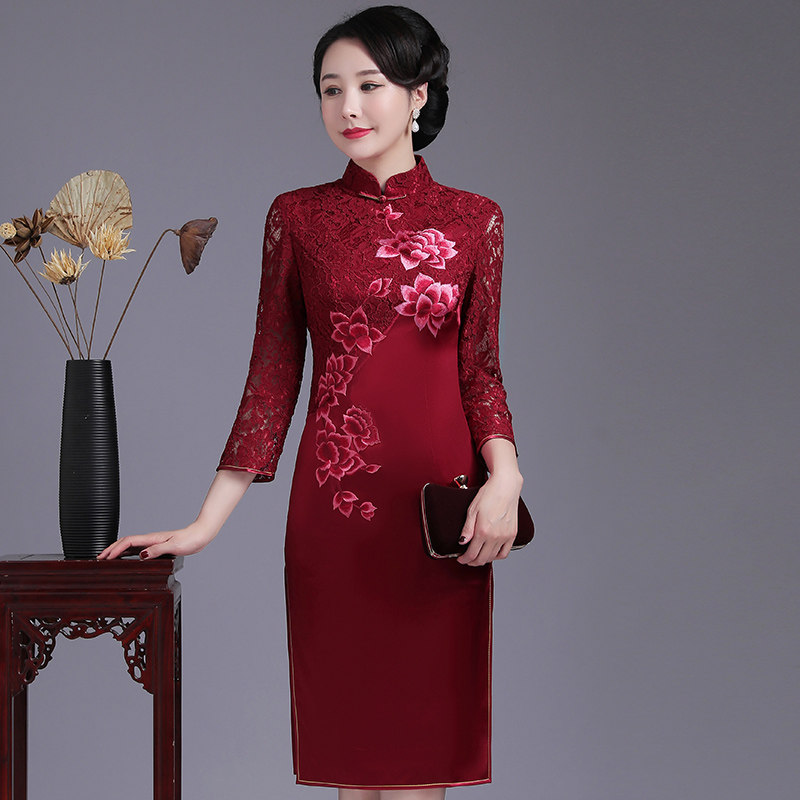 红色妈妈婚宴绣花真丝旗袍喜宴喜婆婆高贵礼服旗袍