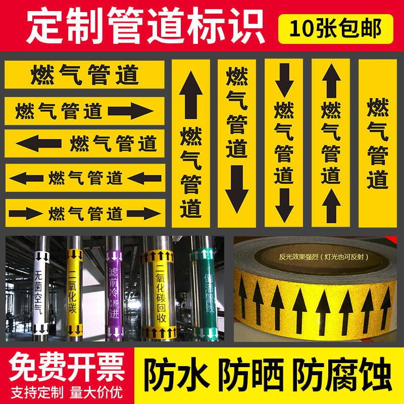 燃气管道色环贴纸警示水天自来水自来蒸汽压缩空气标志牌