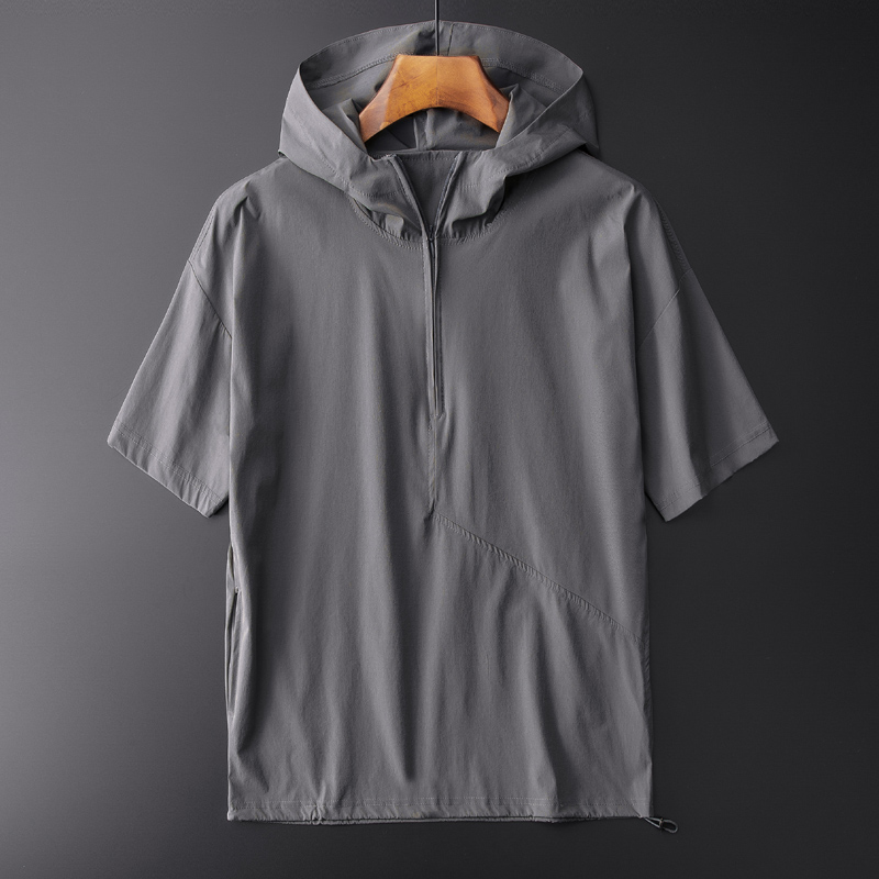 冰丝短袖卫衣男连帽衫宽松休闲运动半袖t恤男士潮流帅气薄款夏季