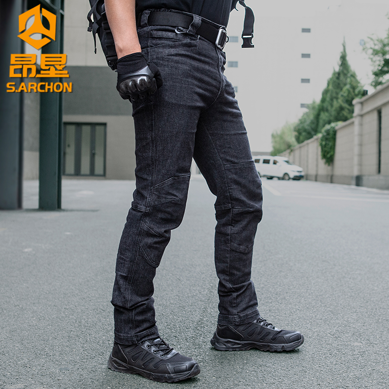 昂垦战术牛仔裤男弹力修身秋冬多口袋军迷裤作训裤直筒户外工装裤