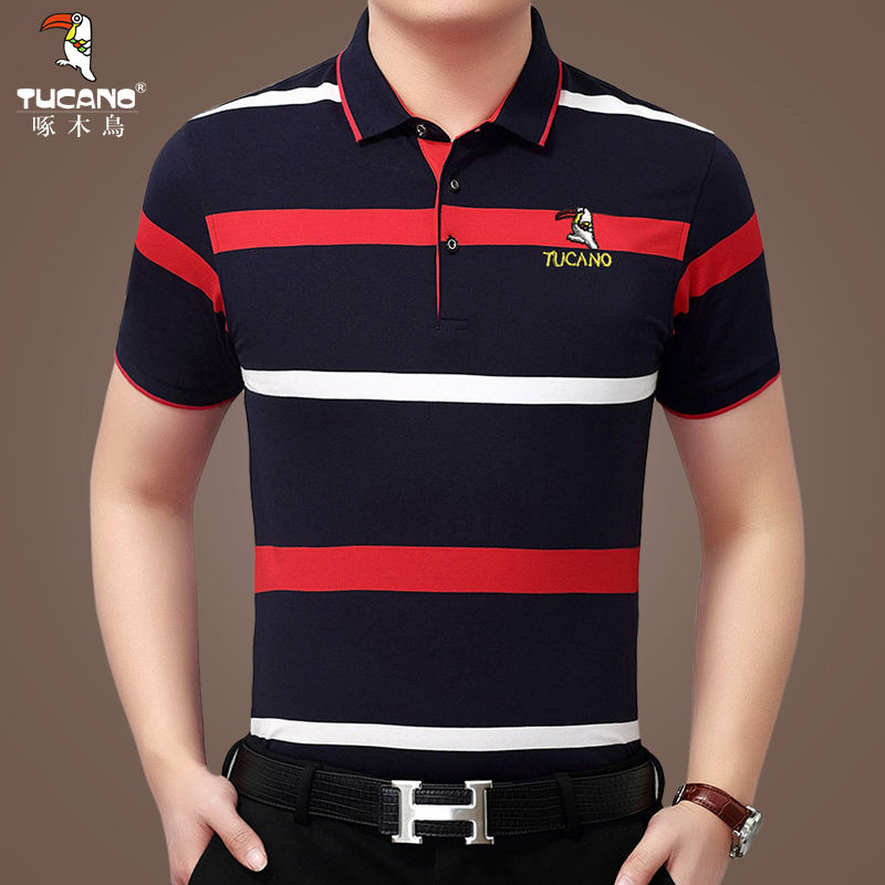 啄木鸟中年男士短袖t恤宽松纯棉翻领大码polo衫男人条纹半袖体恤