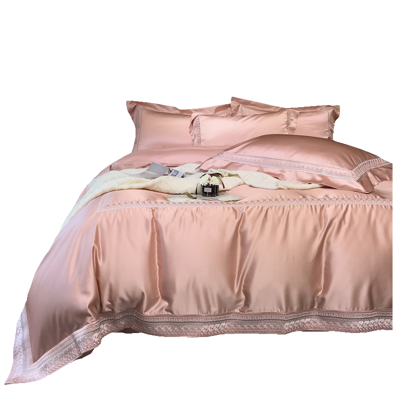简约轻奢风120支贡缎丝光棉四件套全棉奢华刺绣欧式纯色被套18床