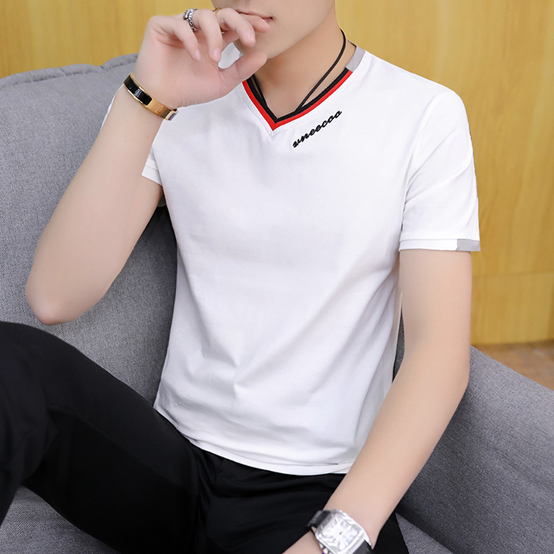 夏季男士短袖t恤韩版潮流v领半袖学生上衣服修身体恤鸡心领打底衫
