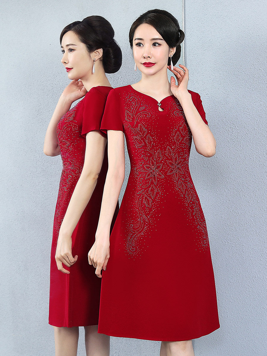 婚礼礼服妈妈洋气酒红醋酸喜婆婆连衣裙夏季岳母中老年女装