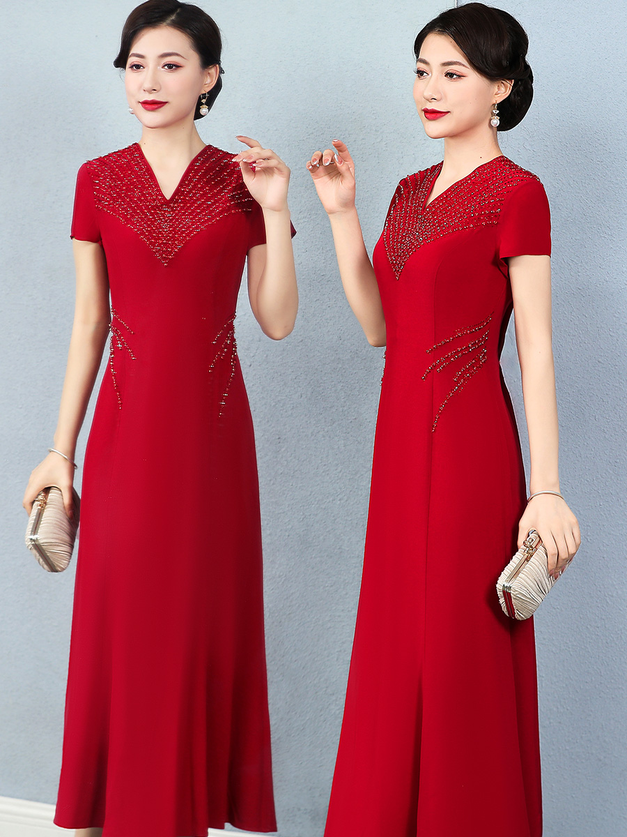 婚礼妈妈礼服高贵夏季长款短袖年轻喜婆婆婚宴中老年女装