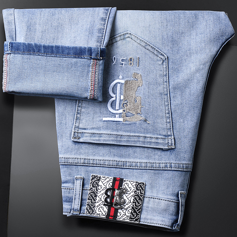 欧货春夏新款男装高端刺绣牛仔长裤外贸出口尾单潮牌弹力修身裤子