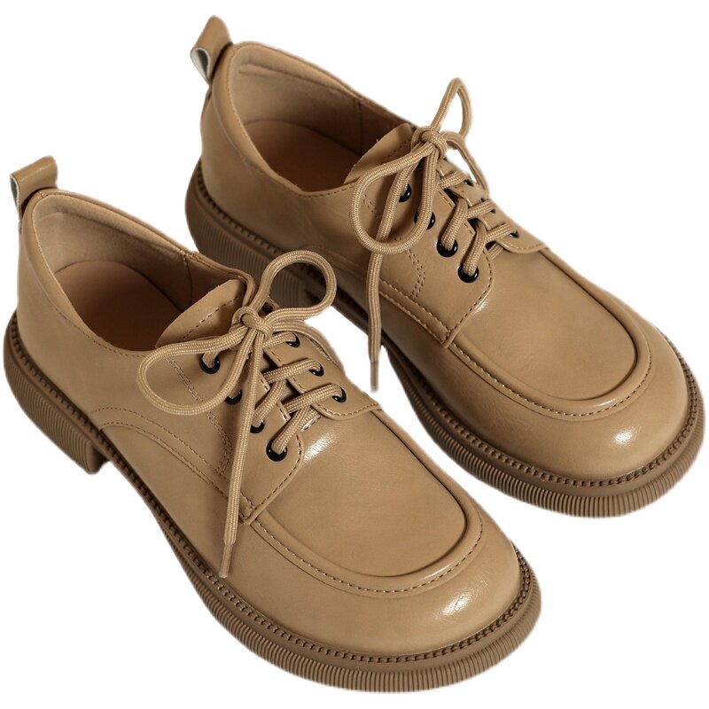 hfresh奶茶杏色德比鞋小皮鞋女超软圆头学院风乐单鞋