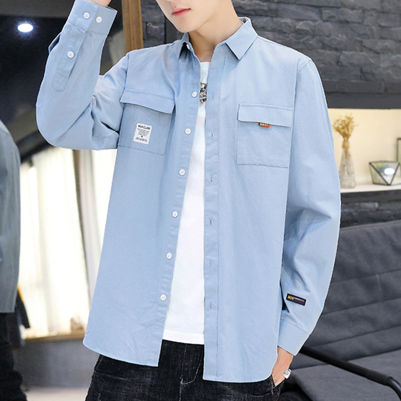 男士韩版百搭衬衫纯色长袖工装外套潮男青少年衬衣新款洋气上衣服