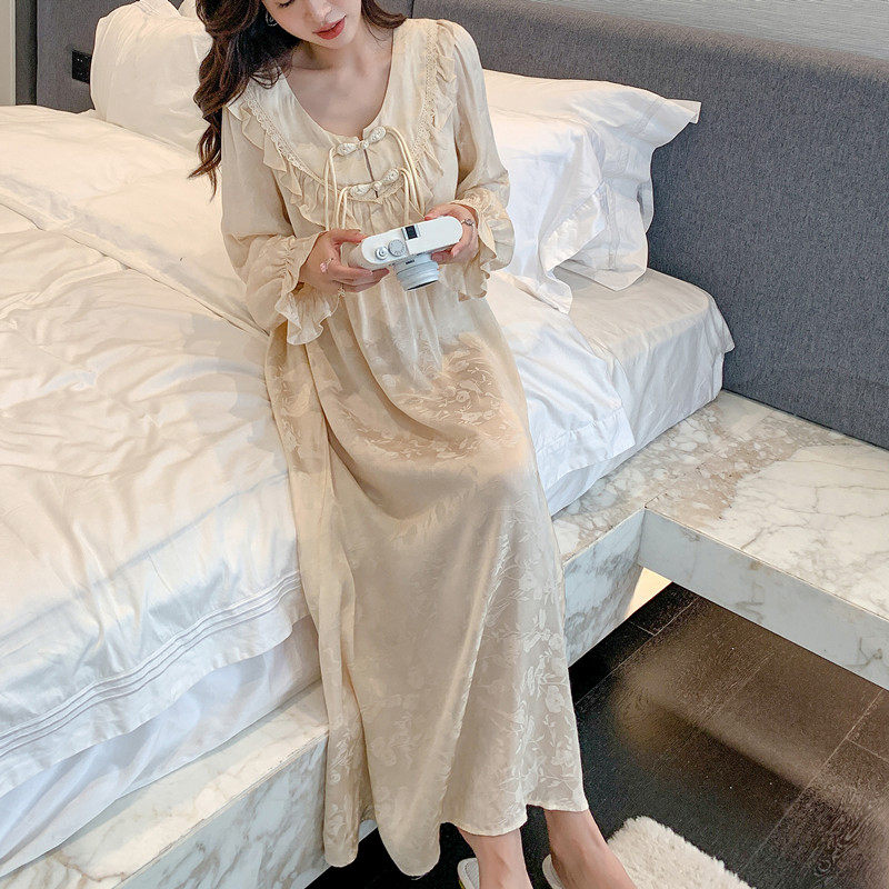 睡裙女秋盘扣复古汉改良中国国风宫廷风缎丝质睡裙