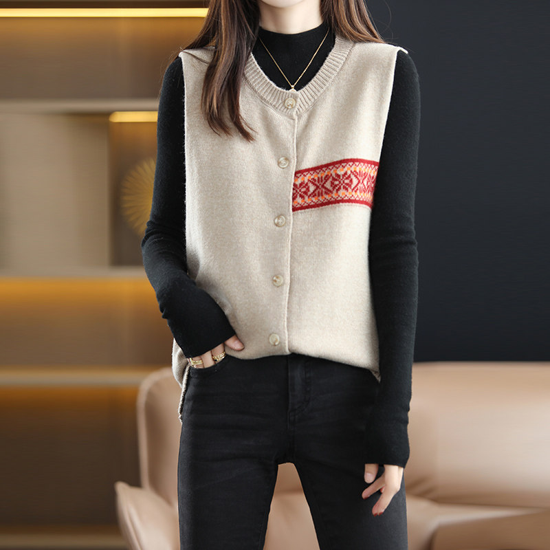 2022复古外套宽松背心针织开衫无袖提花夏新款毛针织衫