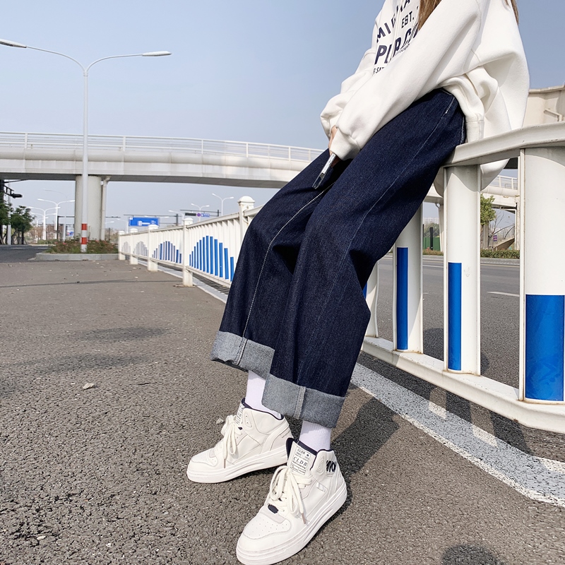 深蓝色直筒牛仔裤女高腰宽松春款2022年新款小个子显瘦阔腿裤春秋