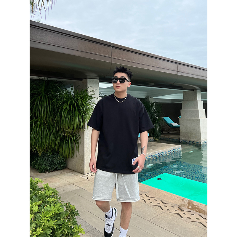 SANBAI 叁佰夏季灰色五分裤男 美式街头运动毛边短裤宽松直筒中裤