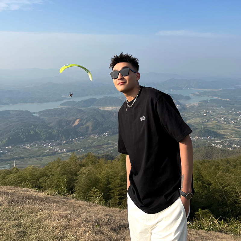 SANBAI 叁佰2022夏季新款T恤男潮牌情侣字母刺绣短袖圆领宽松上衣