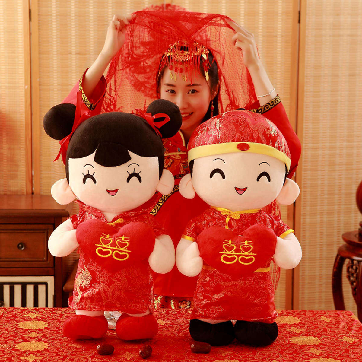 创意毛绒玩具大红喜庆压床娃娃婚庆公仔一对金童玉女爱心毛绒布艺类