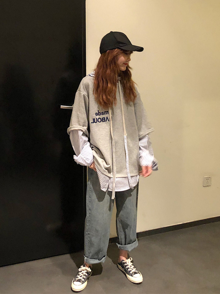 vetiver卫衣女春秋薄款韩版宽松拼接假两件长袖ins潮外套bf慵懒风