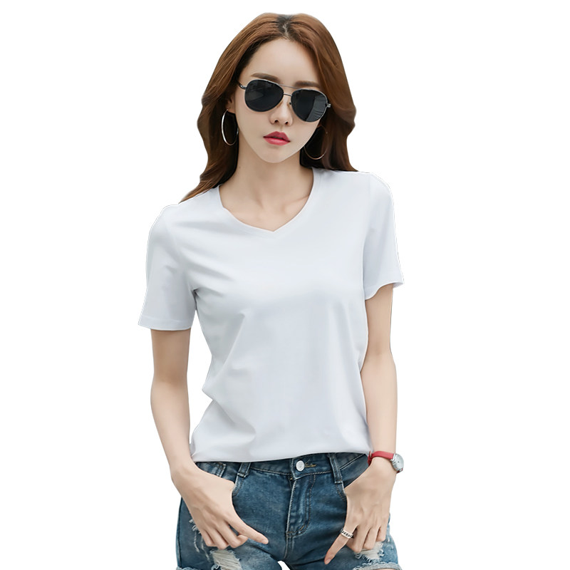 纯棉女装韩版衣服v领短袖t恤休闲百搭上衣宽松大码胖mm打底衫纯色