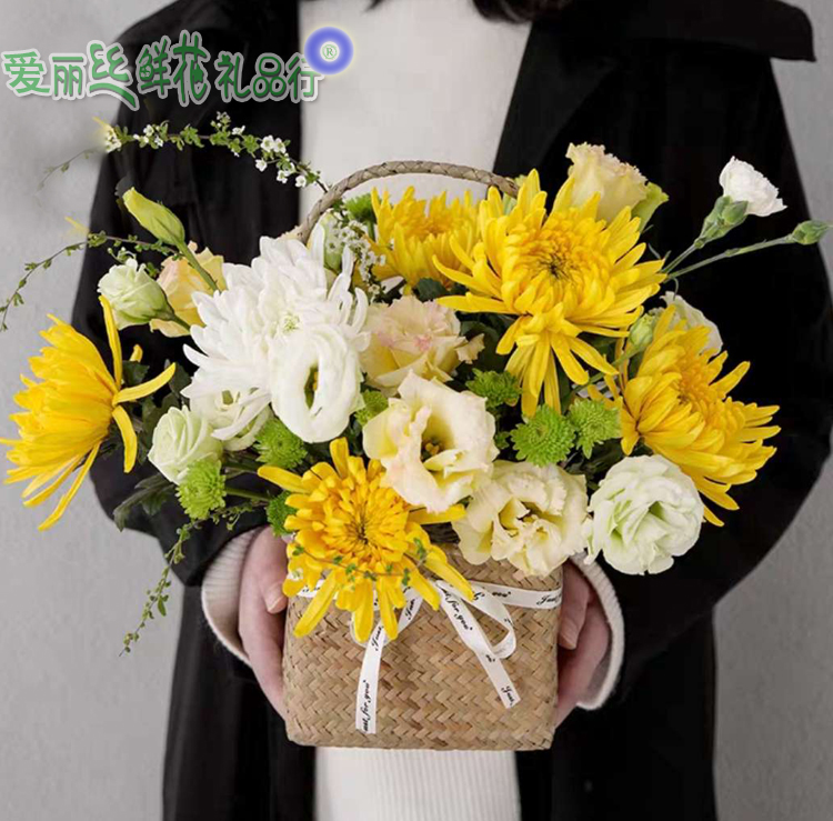 清明节菊花殡葬代送扫墓手提小花篮北京丧事提篮祭奠花蓝哀悼葬礼