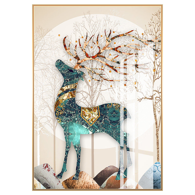 玄关装饰画北欧轻奢大气客厅墙画发财鹿走廊过道现代装饰画