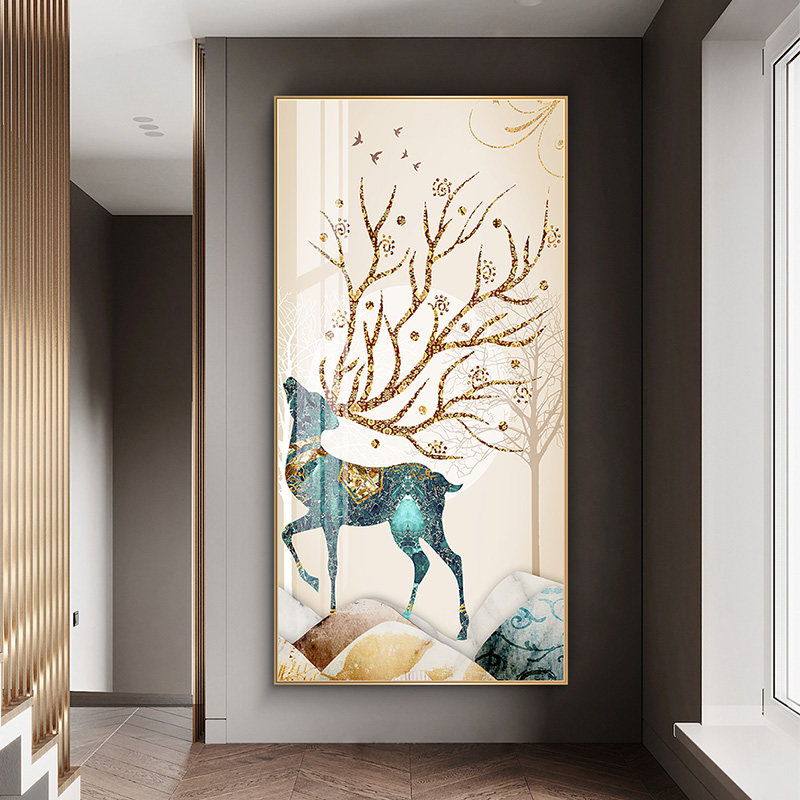 金鹿送福 新中式招财鹿玄关装饰画轻奢银杏叶走廊尽头壁画晶瓷画 - 赛