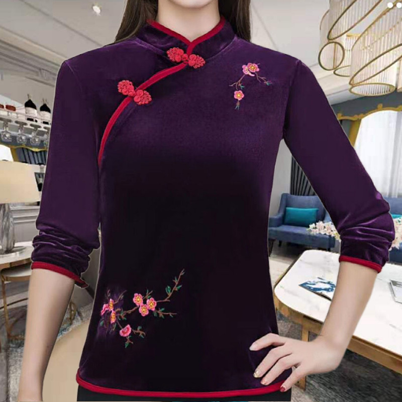 2020秋冬新款金丝绒旗袍上衣短款长袖t恤