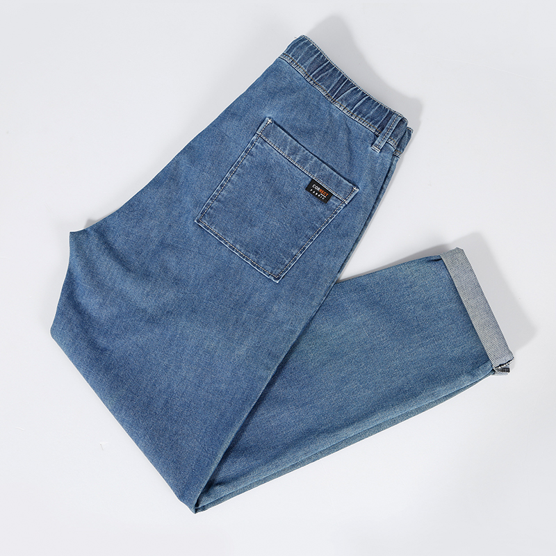 蒙口 密码蓝色牛仔裤男夏季新款修身小脚潮流休闲青年弹力长裤子