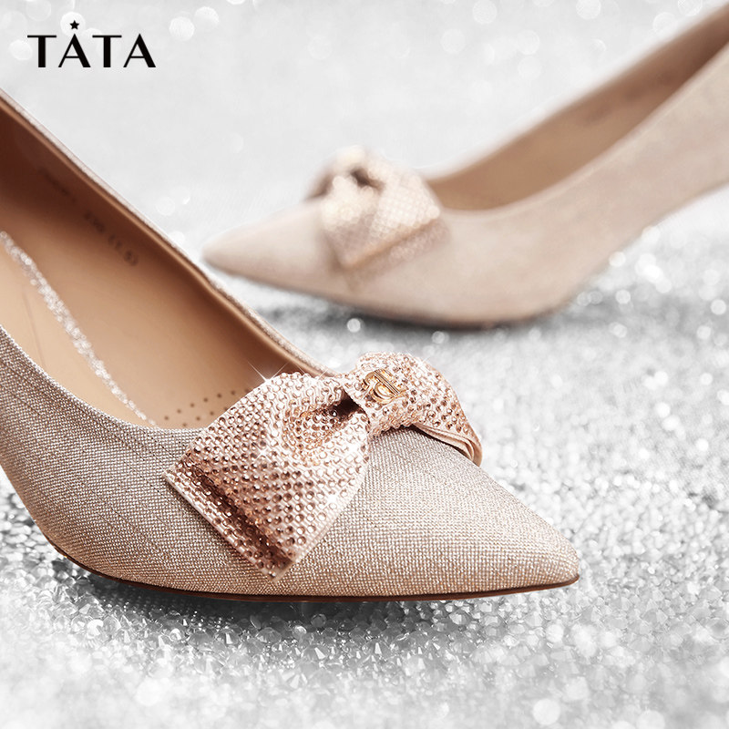 tata他她气质高跟鞋婚鞋女法式尖头跟单2023春季单鞋