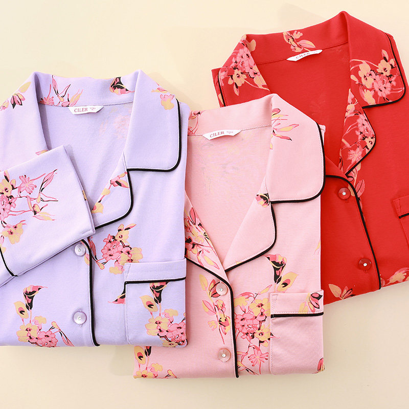 居家仕乐睡衣纯棉印花长衣长袖全棉家居服休闲睡衣