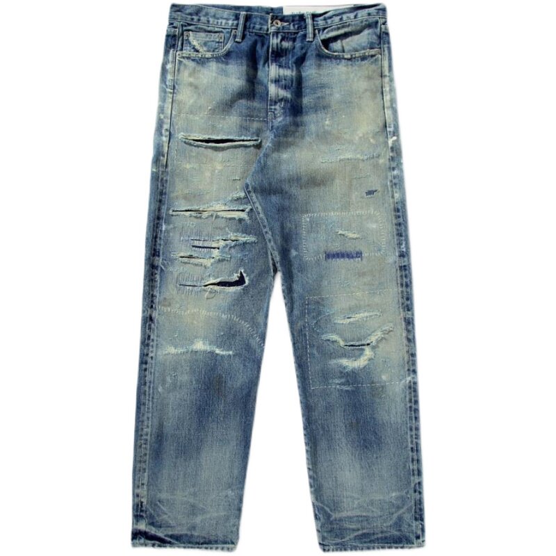 neighborhood日本潮牌牛仔裤水洗蓝色四季直筒破坏底裤牛仔裤