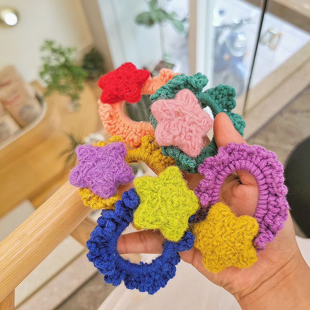 韩版可爱毛线针织发圈儿童撞色星星皮筋羊毛发饰