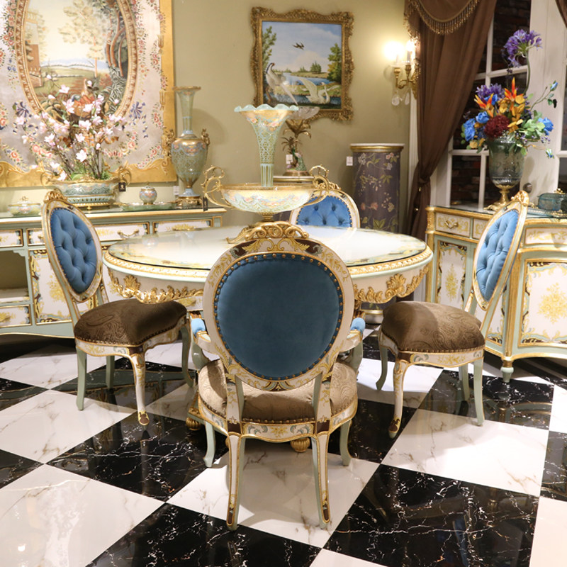 凤凰美居法式欧式重工雕刻手绘贴金金箔圆形白色实木餐桌