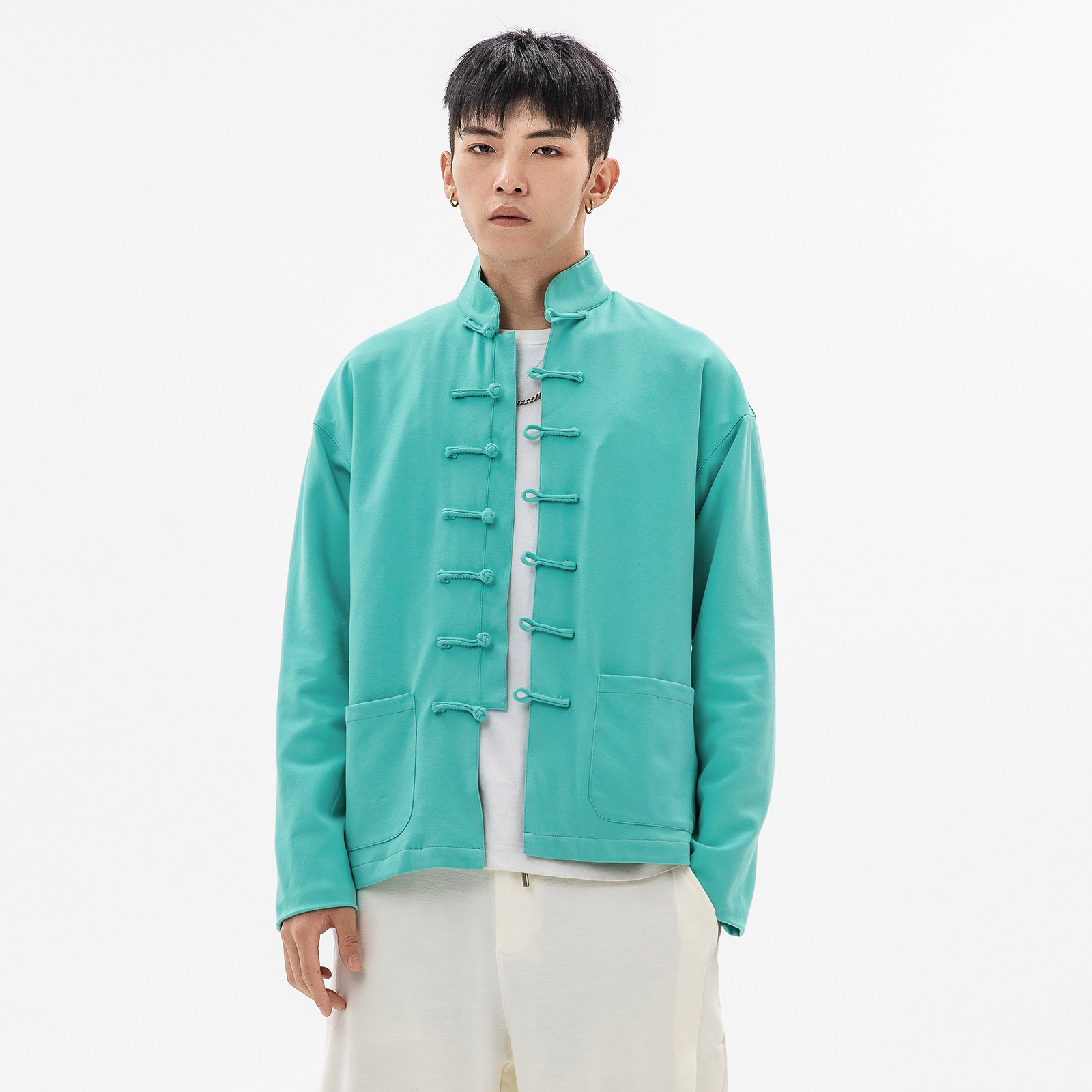 秋季复古中国国风男装夹克纯色粉红色衣大中式夹克